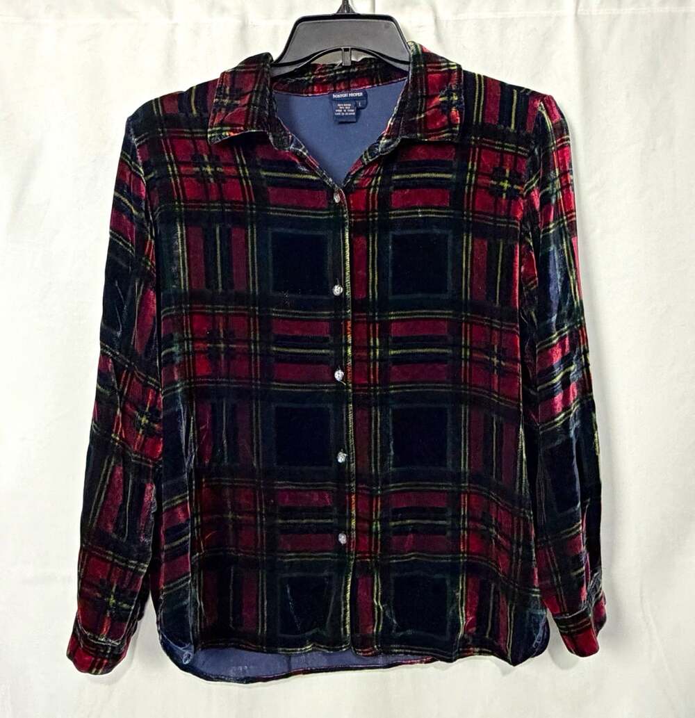 Boston Proper Women's Plaid Velvet Collared Button-Up Long Sleeve Shirt Size L